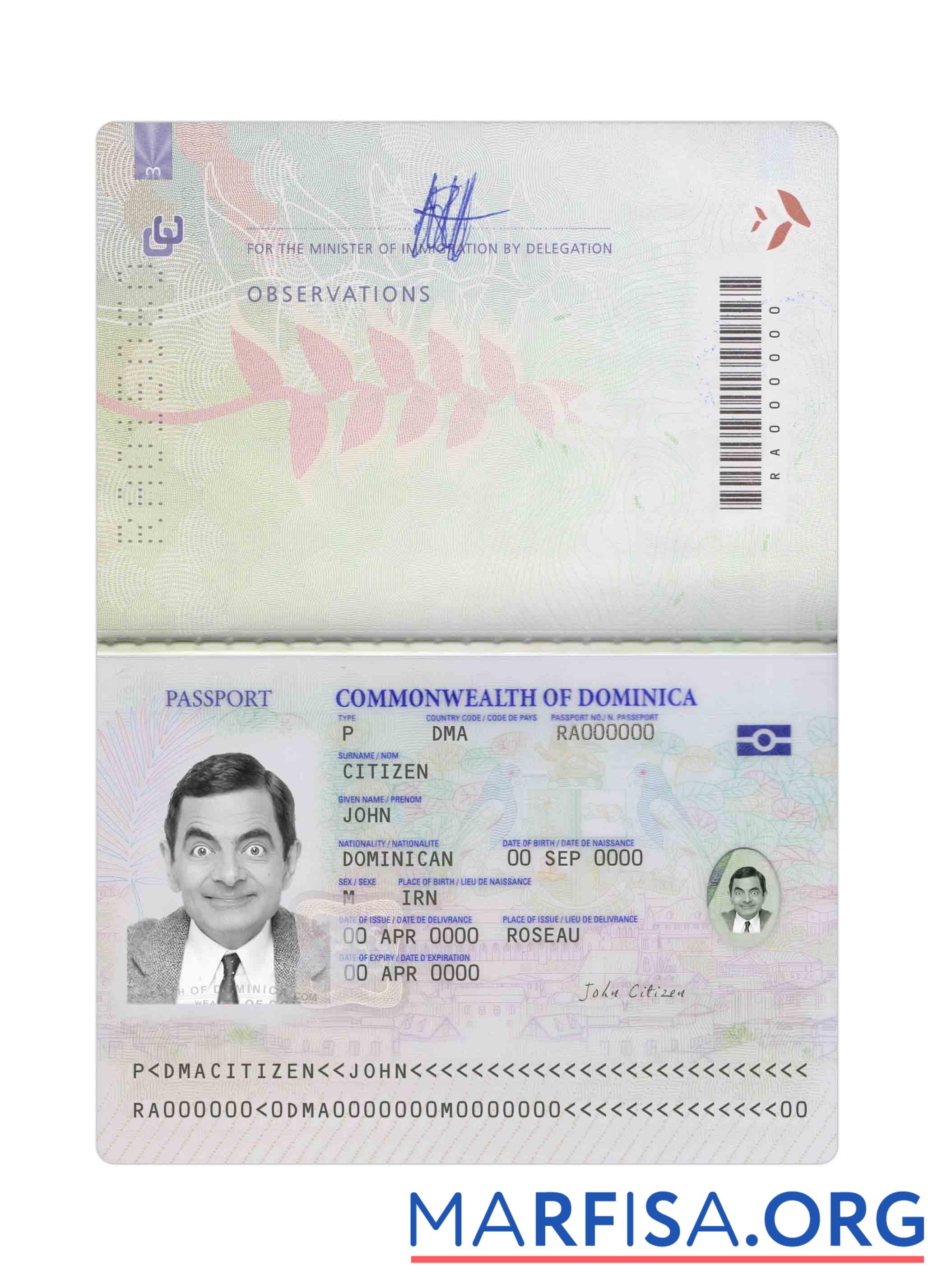 Printable Dominica passport 2021 present sample